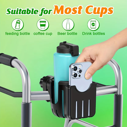 Universal Stroller Cup Holder with Phone Mount - Adjustable & Detachable Accessory for Wheelchair, Walker, Bike, Scooter - Enhances Hydration and Entertainment