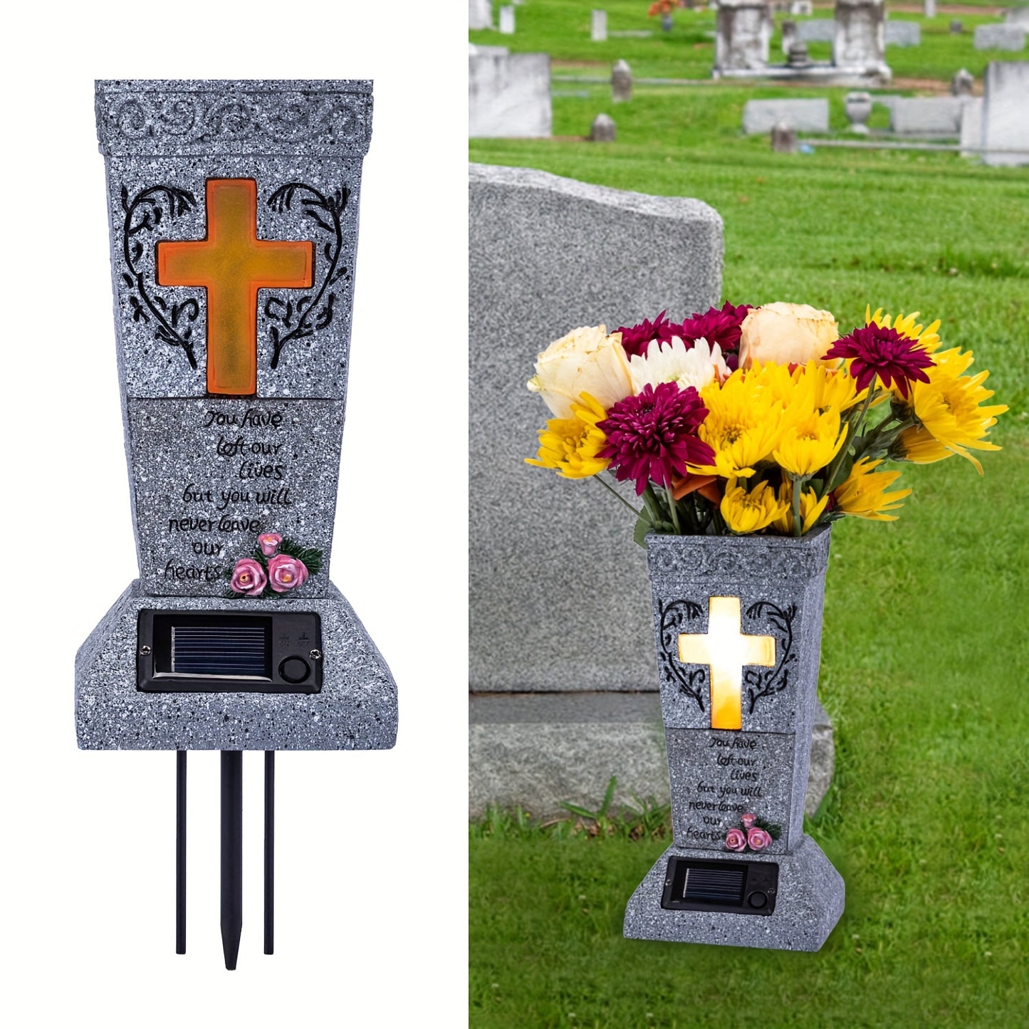 Solar Powered LED Cemetery Vase with Detachable Spike – Rechargeable, Weather-Resistant Memorial Gravestone Decoration for Fresh or Artificial Flowers – Thoughtful Memorial Gift