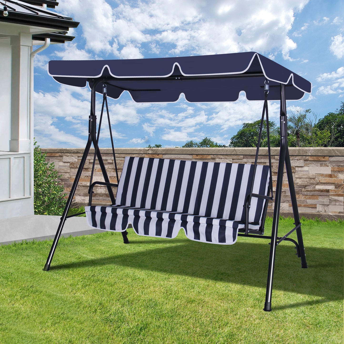 COVERONICS 3-Seat Outdoor Porch Swing – Patio Swing Chair with Adjustable Canopy, Durable Metal Frame, and Removable Cushions – Ideal for Backyard, Terrace, Lawn