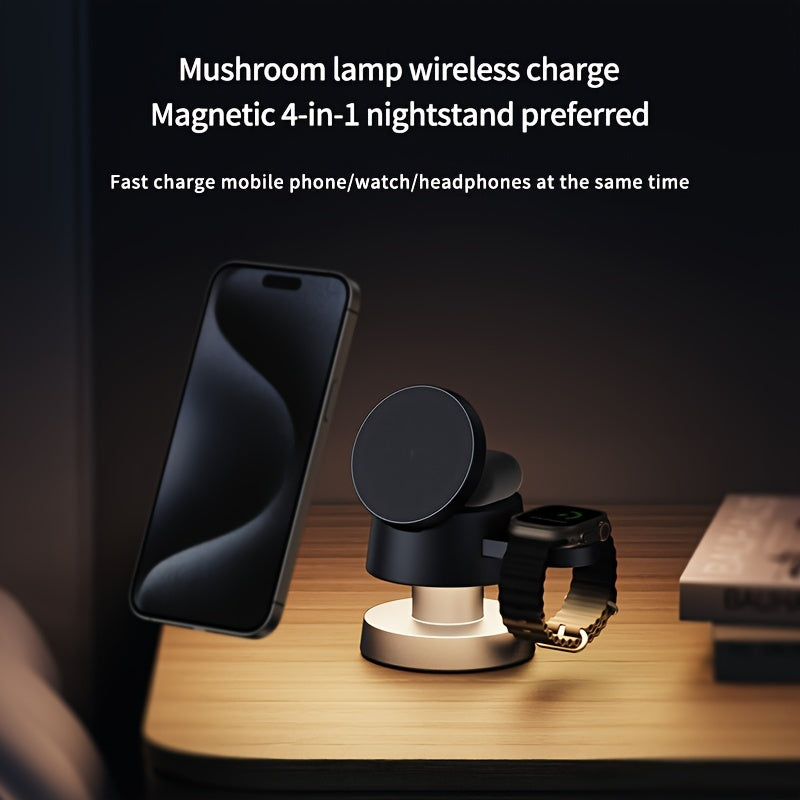 TIMESS 15W Magnetic 4 in 1 Wireless Charging Station - USB Type-C Multi-Device Fast Charger for Phone, Watch and Headphones, Includes LED Nightstand Lamp, USB Powered