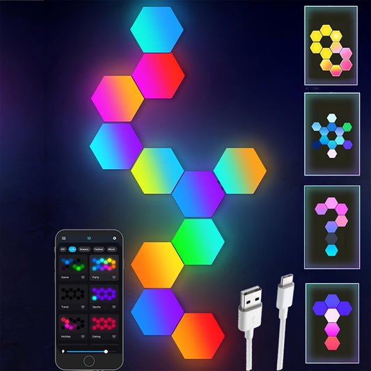 10 Pack Hexagon LED Lights – App-Controlled  Music Sync Features, USB Modern RGBIC Wall Panels for Living Gaming Decor