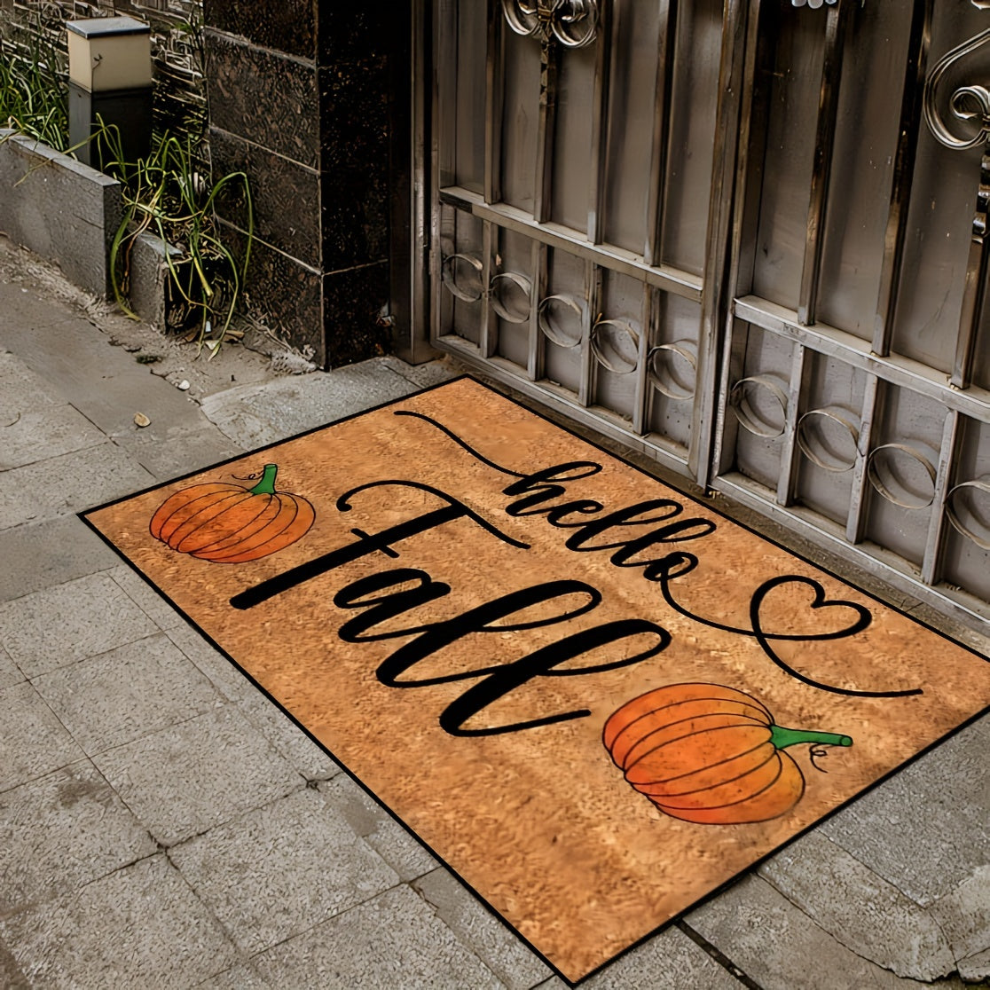 Rectangular Knit Polyester Fiber Door Mat - Lightweight, Machine Washable, Non-Slip Backing, Low Pile for Indoor/Outdoor Use, Festive Pumpkin Print for Autumn, Thanksgiving, Christmas Decoration