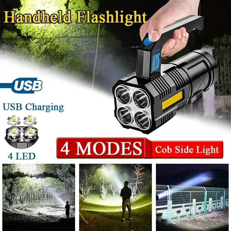 Quad-Core LED Flashlight - Ultra Bright, Rechargeable, Portable Torch for Camping and Outdoor Use - USB Powered & Water-Resistant