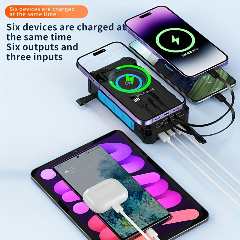 Wireless Power Bank 30,000mAh - 3 Built-in Charge Cables, Hand Crank, 7 Outputs, 4 Inputs, with Strong Flashlight