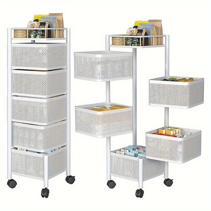 5 Tier Rotating Kitchen Storage Shelf - Metal Fruit and Vegetable Basket Rack on Wheels, Floor-Standing Multi-Layer Storage Trolley for Kitchen and Bathroom