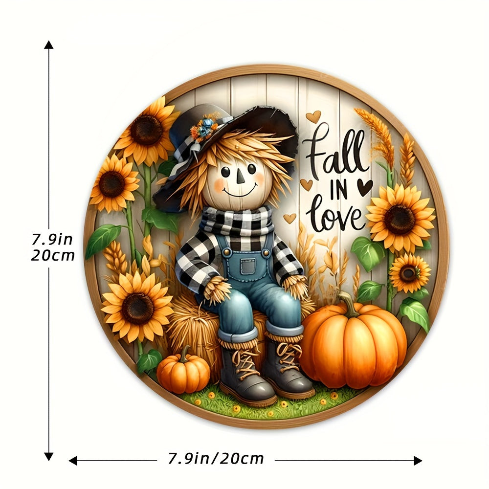 Charming Scarecrow and Fall Harvest Wooden Sign - 7.9"x7.9" Round Wreath Centerpiece for Door, Wall, Home, Porch, Garden Decor - Perfect for Autumn, Country, and Farmhouse Ambiance