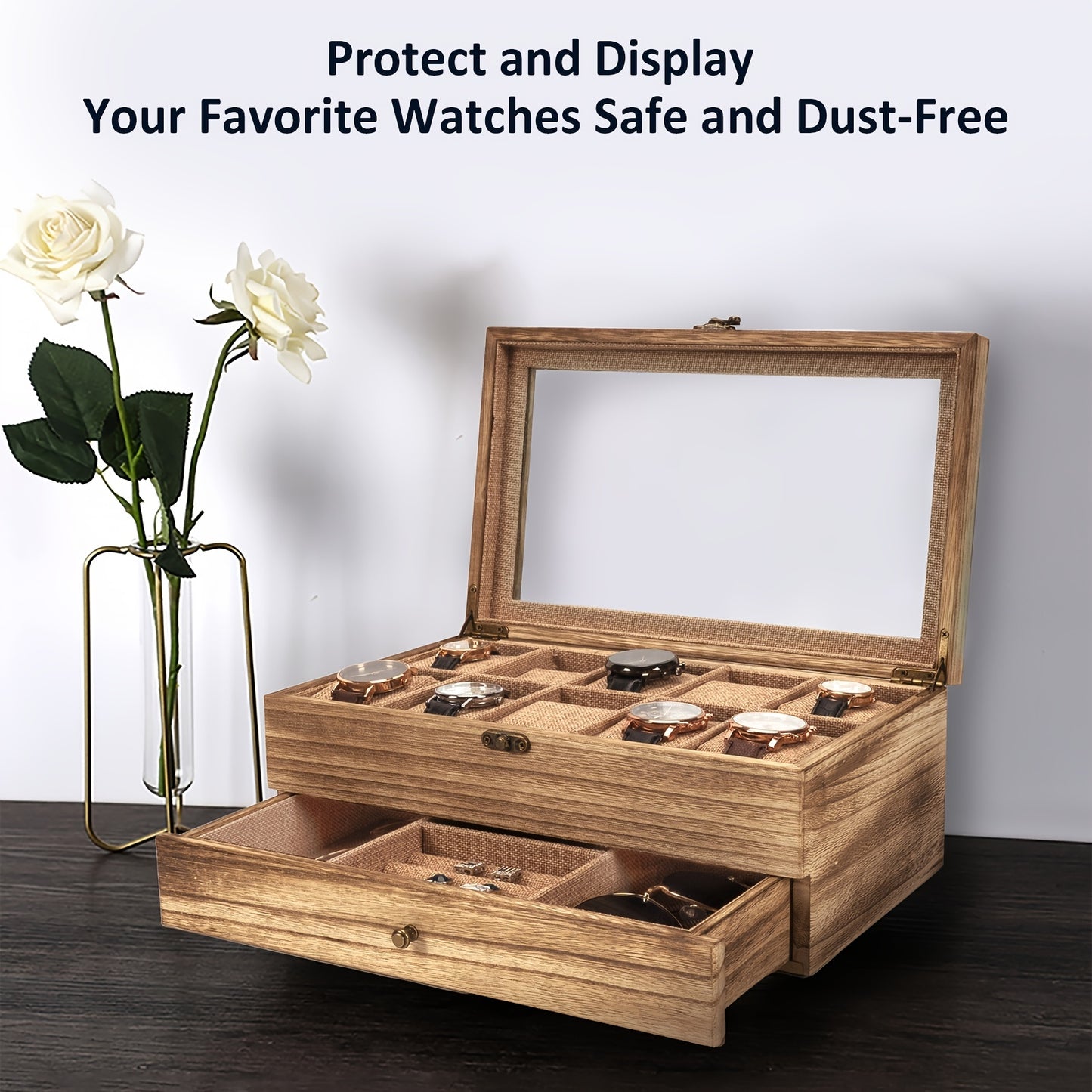 10 Slot Rustic Brown Wooden Watch Box - Large Capacity Display Organizer with Soft Velvet Interior, Perfect Gift for Men and Women (Boyfriend, Father's Day, Birthday, Anniversary)