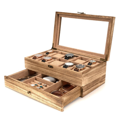 10 Slot Rustic Brown Wooden Watch Box - Large Capacity Display Organizer with Soft Velvet Interior, Perfect Gift for Men and Women (Boyfriend, Father's Day, Birthday, Anniversary)