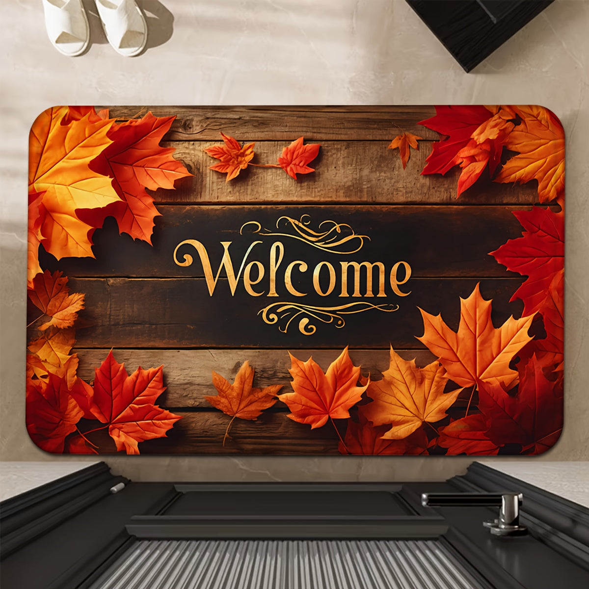 Autumn Maple Leaves Welcome Doormat – Non-Slip, Machine Washable Polyester Flannel Mat, Durable and Fade Resistant for Living Room, Bedroom, Kitchen