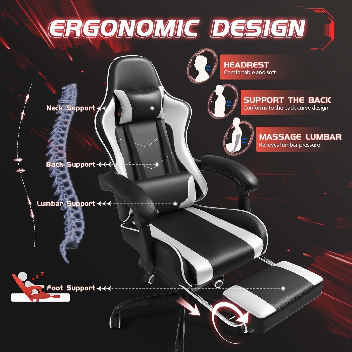 Homall PU Leather Gaming Chair - Massage and Foot Support Features