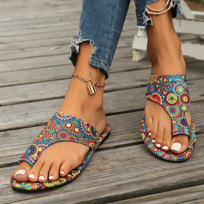 Women's Bohemian Flat Sandals – Colorful Patterned Summer Slip-On Slides – Casual Open Toe Beach Footwear