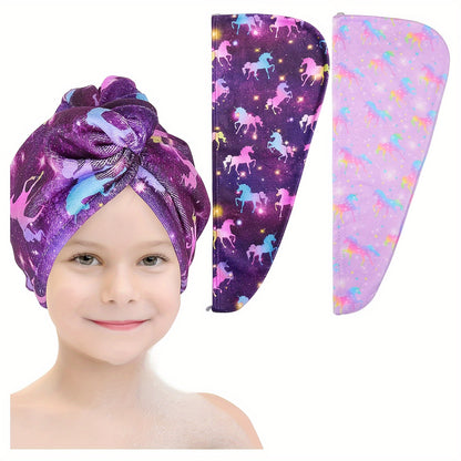 Soft and Absorbent Microfiber Cartoon Hair Towel Wrap - Quick Dry, Button Closure, Fun Patterned Design for Kids and Women - Bathroom Essentials