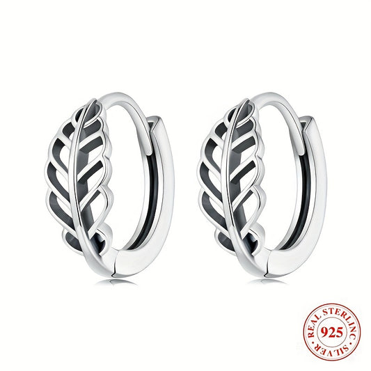 Hollow Leaf Design Hoop Earrings - 925 Silver, Hypoallergenic Vintage Ear Decor for Daily Wear, Elegant Female Accessories