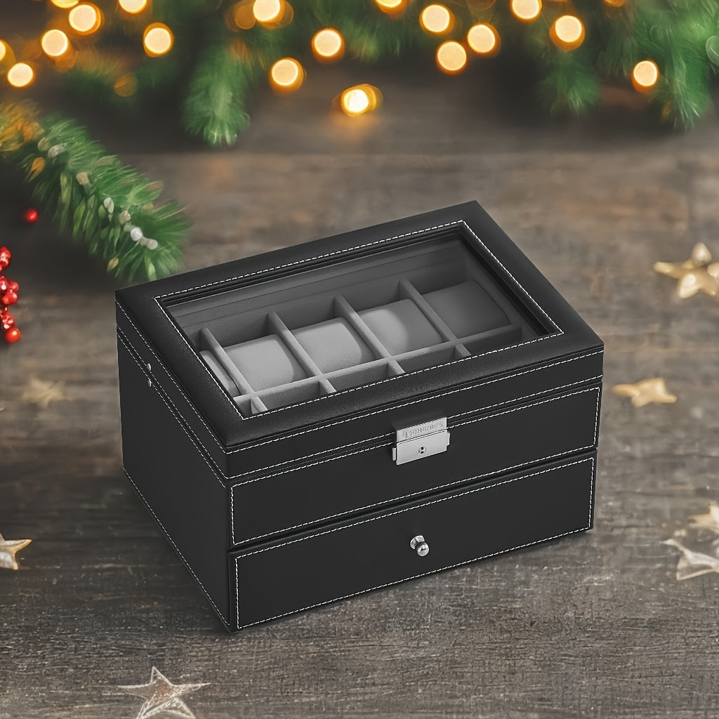 SONGMICS 20-Slot Watch Box - Lockable 2-Layer Display Case with Glass Lid, Black Synthetic Leather and Gray Lining - Ideal Christmas Gift for Men and Women