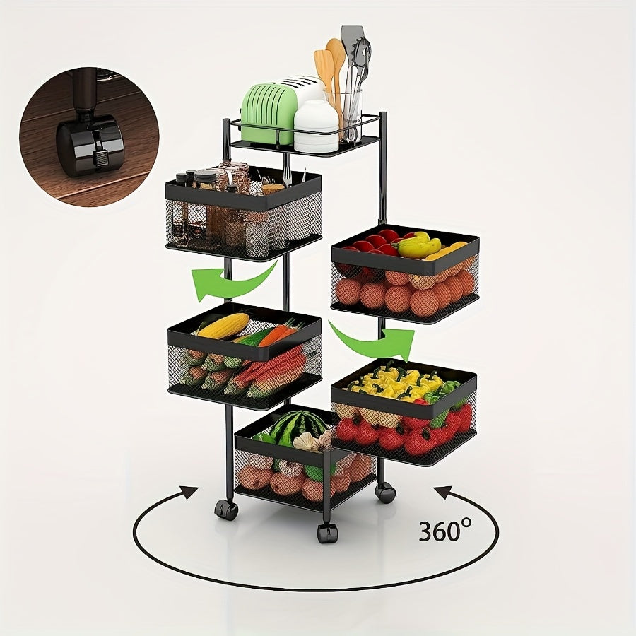 5 Tier Rotating Kitchen Storage Shelf - Metal Fruit and Vegetable Basket Rack on Wheels, Floor-Standing Multi-Layer Storage Trolley for Kitchen and Bathroom