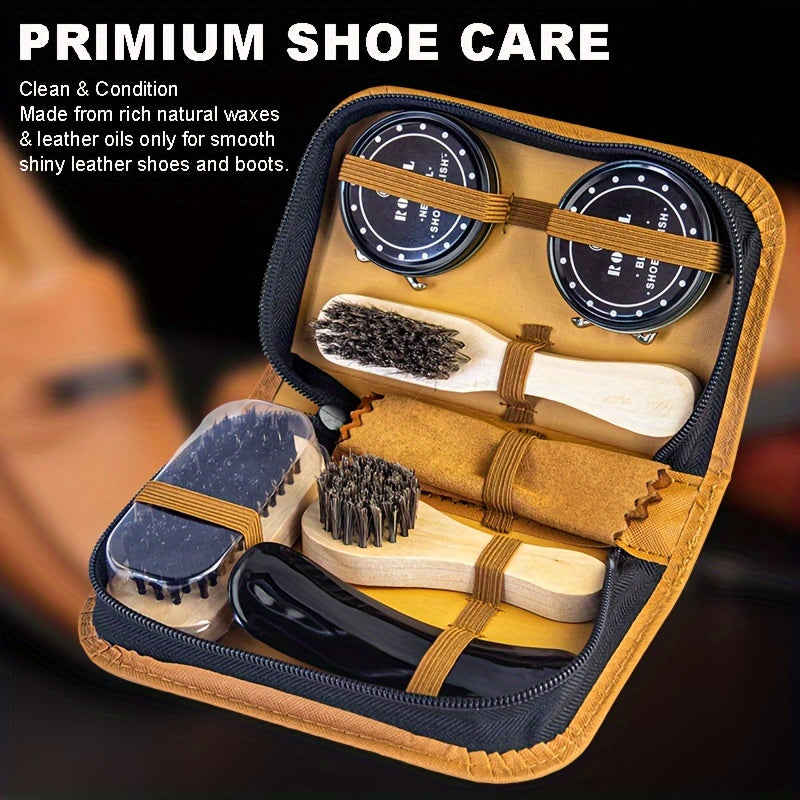 8pcs Premium Faux Fur Shoe Shine Kit - PU Case with Polish, Brushes, and Cloth for Boot Care (Cloth Color May Vary)