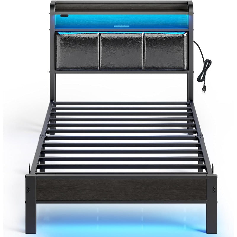 Greenstell Bed Frame with Charging Station and LED Lights - Twin, Full, Queen, King Sizes, PU Leather/Neutral Linen Headboard, Storage Shelves, Heavy Duty Metal Slats, No Box Spring Needed, Noise-Free