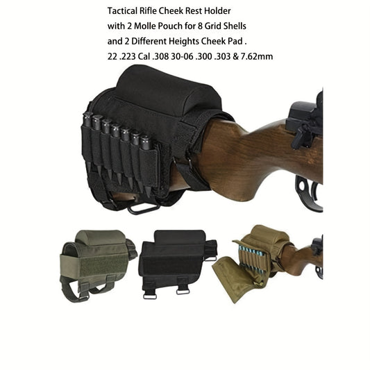 Tactical Rifle Shotgun Cheek Rest with Ammo Carrier – Adjustable Stock Pouch with Removable Pads, 8-Round Bullet Holders for .223/.308/30-06/303/7.62mm – Oxford Cloth, Buckle Closure, 16 Grid Shell Capacity