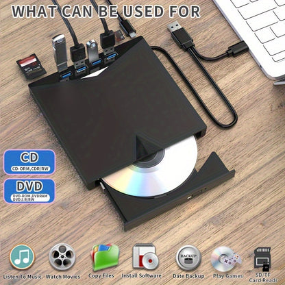 7 in 1 USB 3.0 Portable CD/DVD Drive – Burn and Play, Compatible with Laptop, Desktop, PC, and Mac Operating Systems