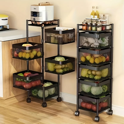 5 Tier Rotating Kitchen Storage Shelf - Metal Fruit and Vegetable Basket Rack on Wheels, Floor-Standing Multi-Layer Storage Trolley for Kitchen and Bathroom