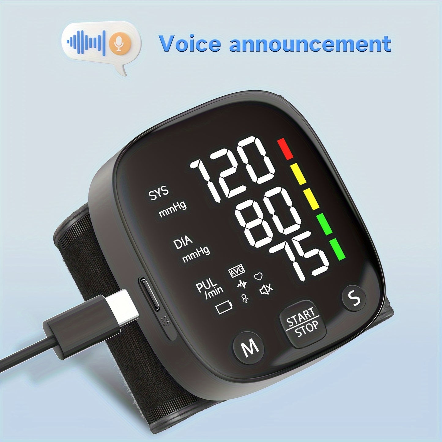 LED Rechargeable Wrist Blood Pressure Monitor – Intelligent Voice Broadcast with Storage Box (Built-in Lithium Battery)