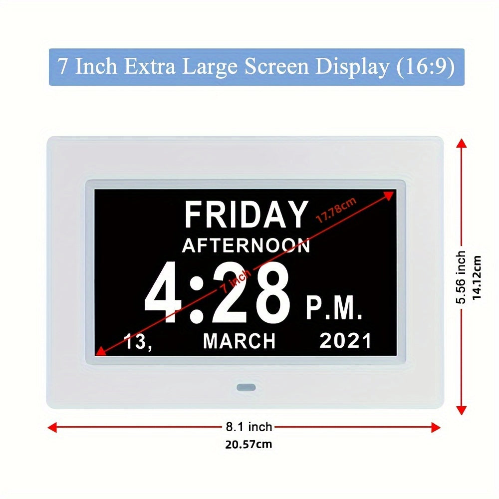 7-Inch Digital Clock for Seniors - Day & Date Display, Customizable Alarms, Medicine Reminders, 3 Modes, Large Font, Ideal for Elderly and Dementia Patients, Black