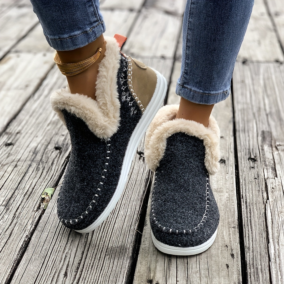 Cozy Furry Slip-On Sneakers – Warm Plush Lined, Soft Fabric Upper, Round Toe, Polyurethane PU Faux Leather Sole – Casual Comfort Shoes for Fall and Winter