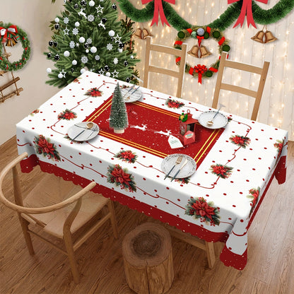 Festive Christmas Tablecloth - Red Poinsettia & Holly Design, Waterproof and Durable, Suitable for Indoor/Outdoor Use, Ideal for Holiday Gatherings