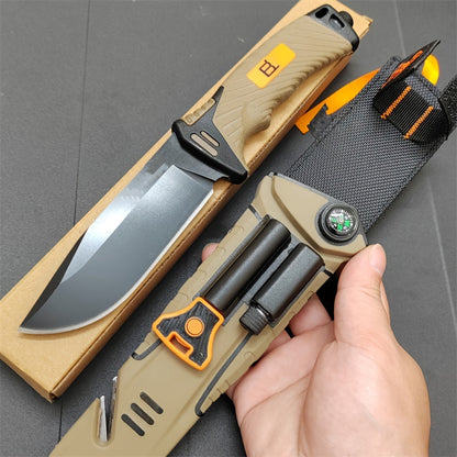 10.2in Outdoor Straight Knife - Ultra Sharp, High Hardness, Portable with Non-Slip Handle, Night Light, Compass, Magnesium Rod, and Safety Sheath - Essential for Camping and Travel