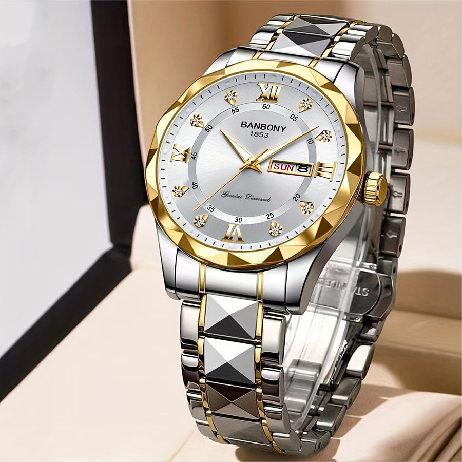 Stainless Steel Strap Men's Watch – Roman Numerals Dial with Rhinestones, Luminous Multifunctional, Ideal for Birthday and Holiday Gifts