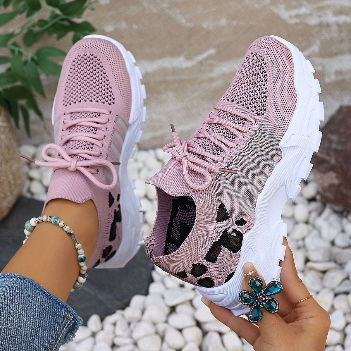 Women's Casual Sports Shoes – Flying Woven Leopard Print, Breathable Lace-Up Running Shoes, Comfortable Platform Sneakers