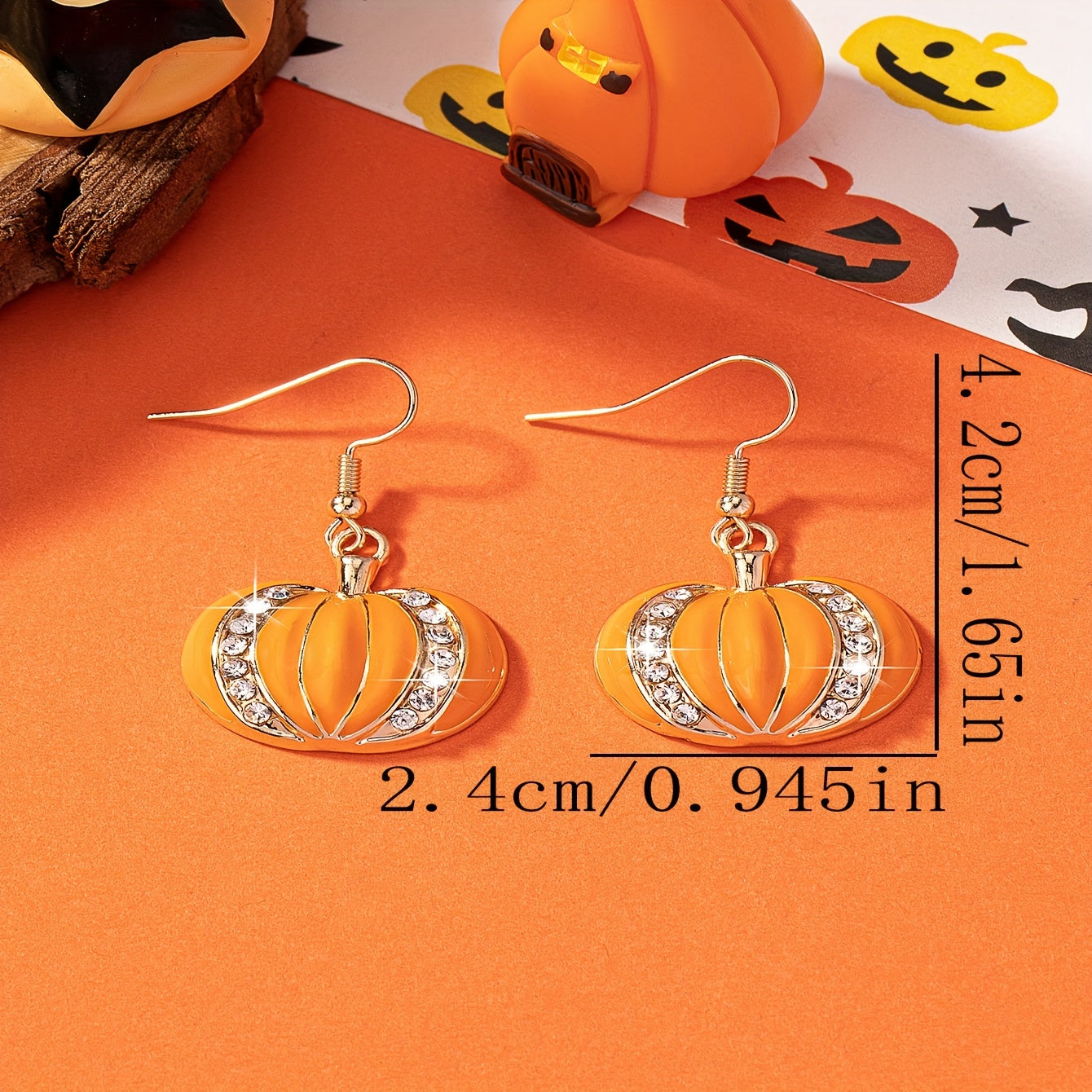 Enamel Pumpkin Dangle Earrings - Shiny Rhinestone Inlaid Retro Bohemian Style, 14K Plated Jewelry, Perfect Halloween Gift