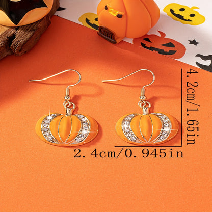 Enamel Pumpkin Dangle Earrings - Shiny Rhinestone Inlaid Retro Bohemian Style, 14K Plated Jewelry, Perfect Halloween Gift