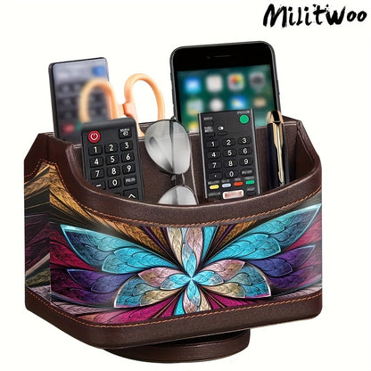 Militwoo 360° Rotating Remote Control Holder - PU Leather TV Remote Caddy Organizer with 5 Compartments for Pens, Pencils, Art Supplies, Makeup Brushes, Office Desk Accessories