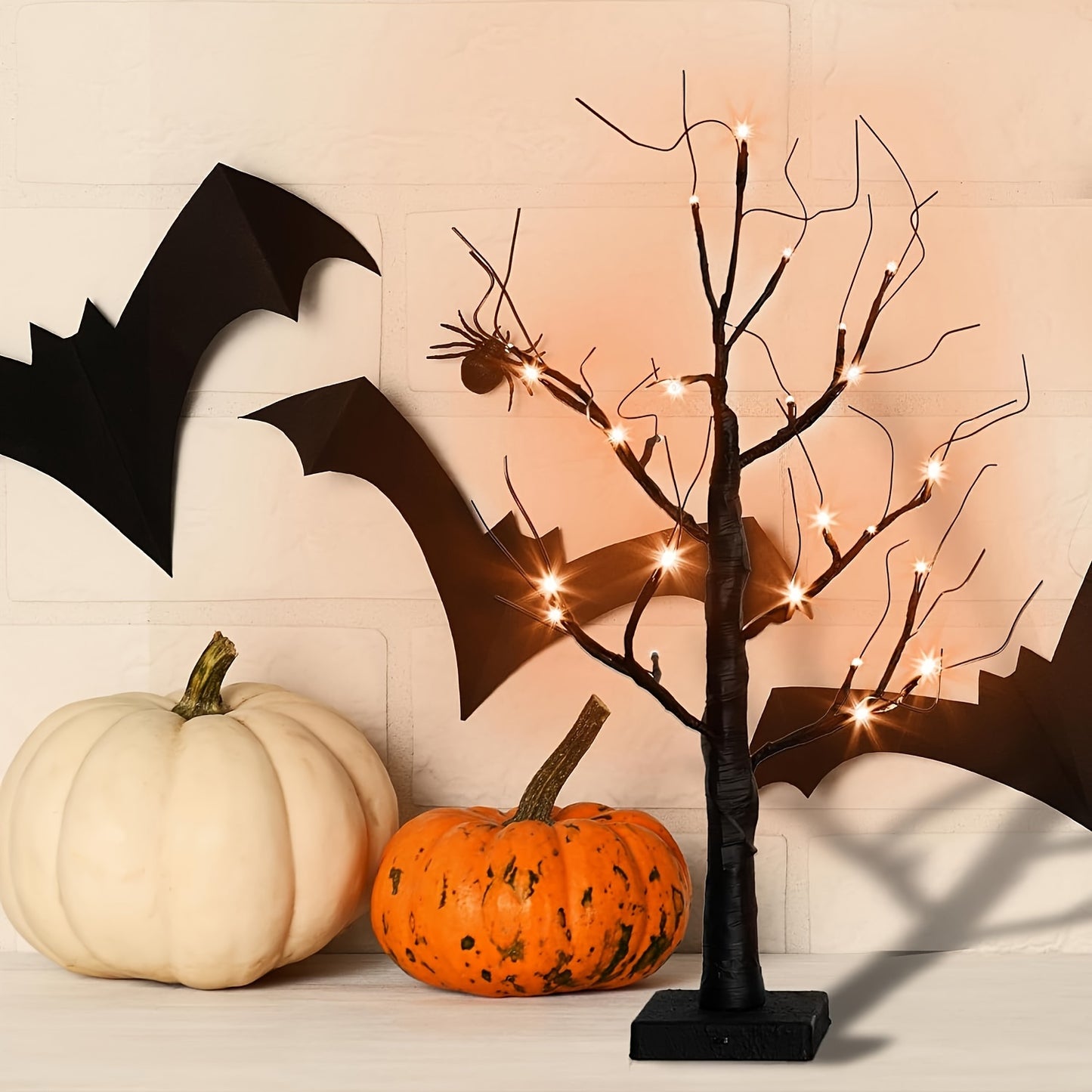 2ft LED Ghost Tree – Spooky Black and Orange Halloween Decoration – Battery-Powered Tabletop Light-Up Tree for Indoor Home Decor