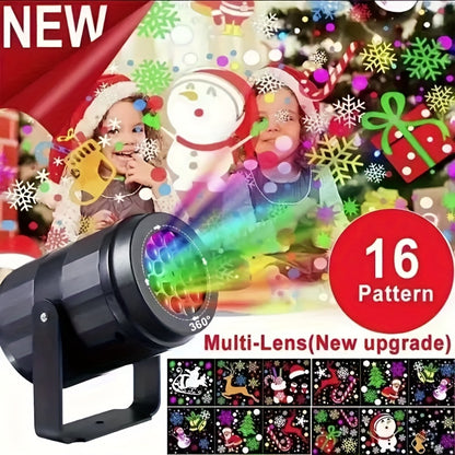 Christmas Projector Light with 16 LED Patterns - Featuring Snowflakes, Snowman, Reindeer, Christmas Tree, Santa Claus - Ideal for Parties, Weddings and Home Decor, USB Powered, Semi-Embedded Installation