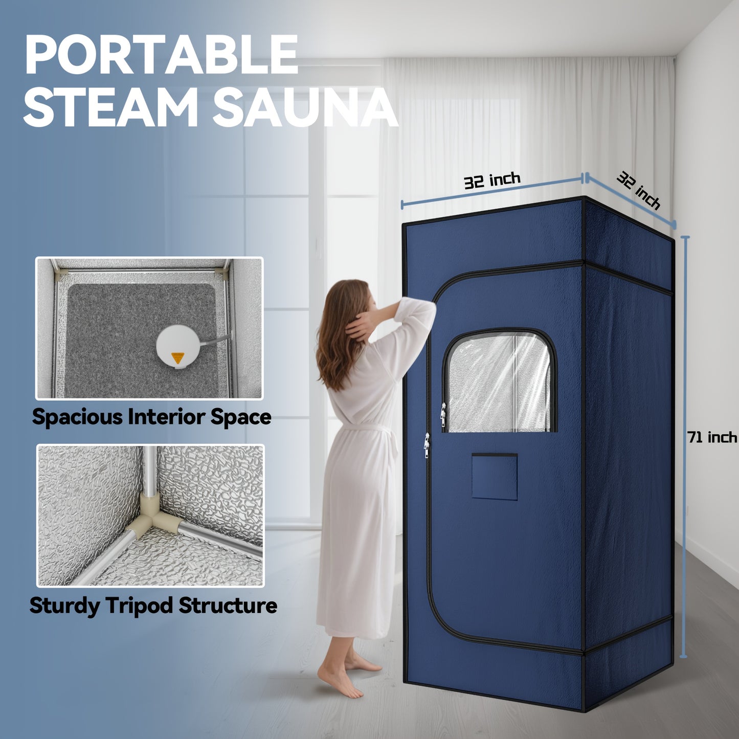 Portable Home Steam Sauna – 3L Steamer, Remote Control, Folding Chair, 99-Minute Timer, Navy Blue