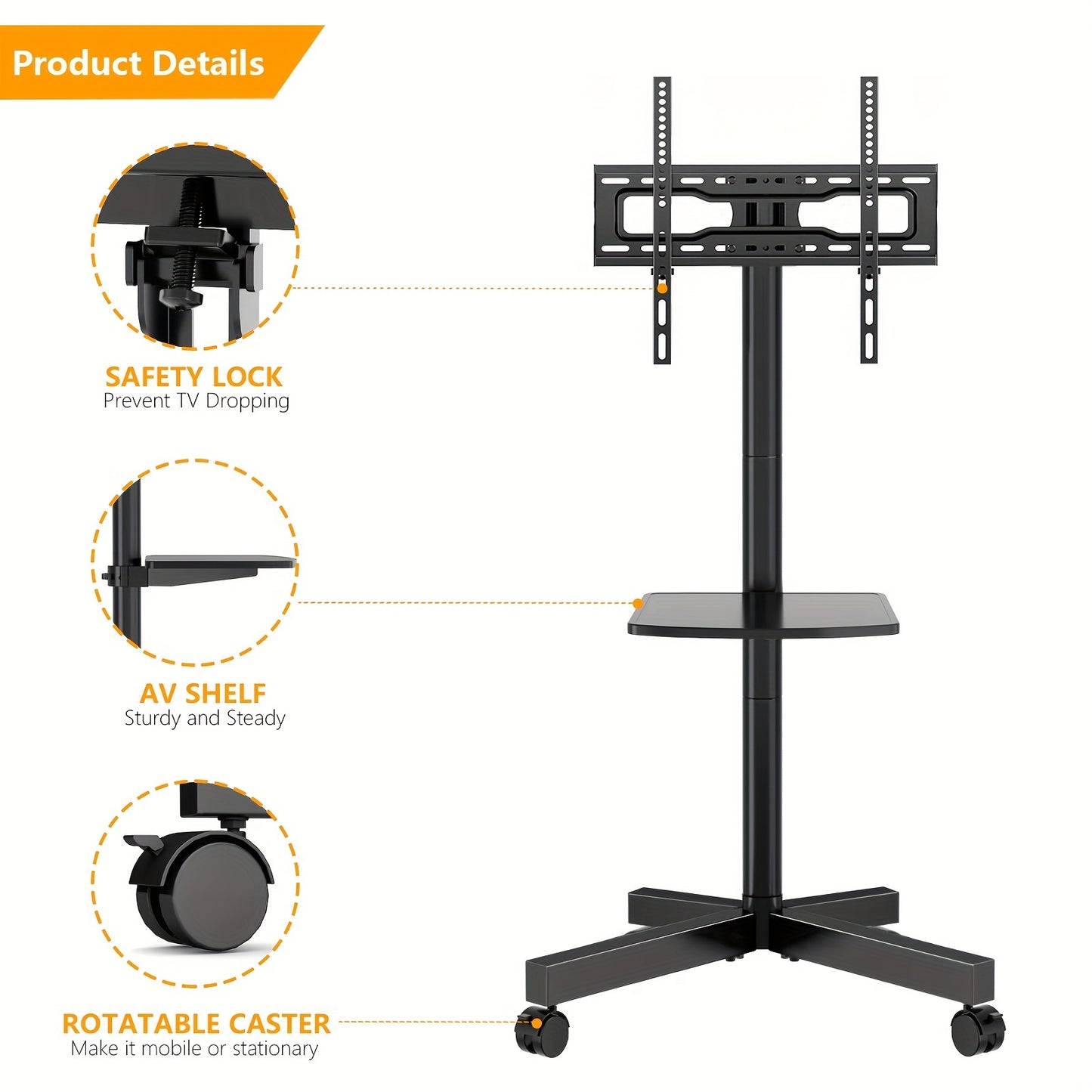 Universal Mobile TV Cart – Adjustable for 23-55 Inch TVs, Mute Wheels, Supports up to 88lbs