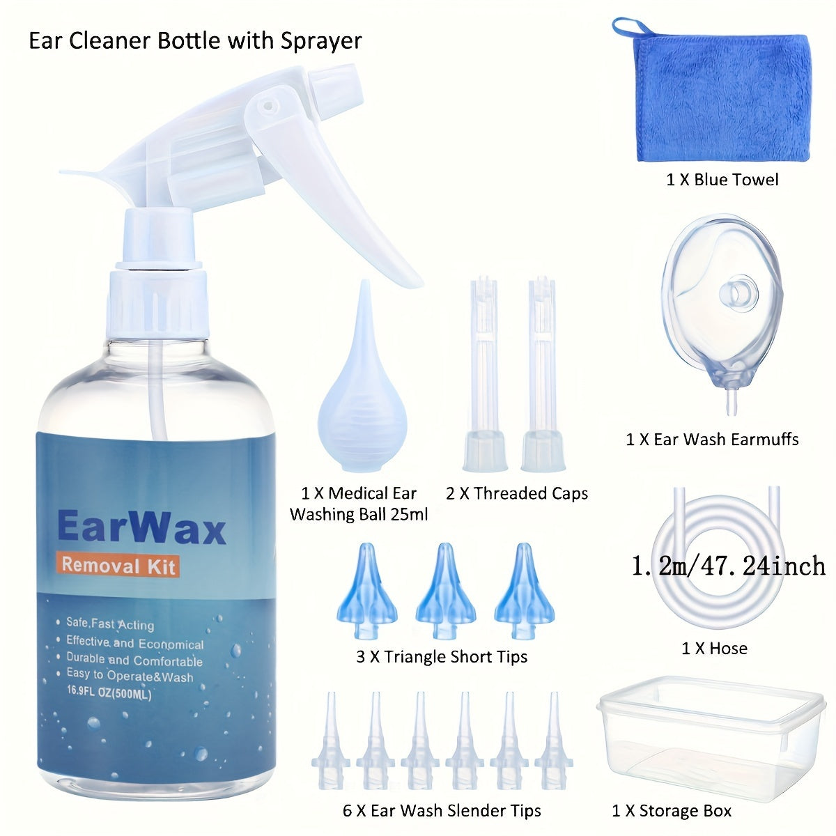 Ear Wax Removal Tool Kit - Reusable Ear Cleaner with Wash Bottle System, Safe and Easy Ear Wax Remover for Adults and Elders