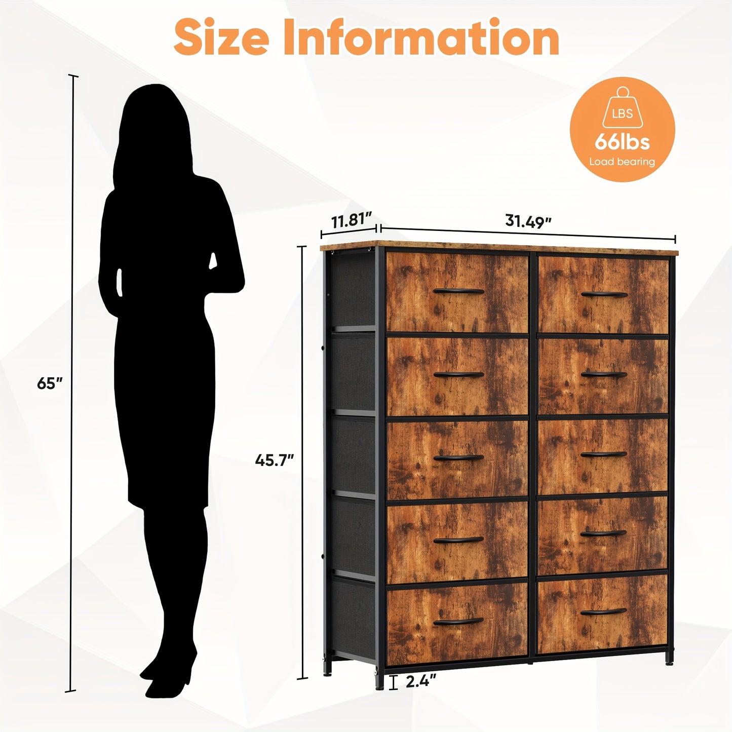 DUMOS Dresser - Fabric Storage Tower with 10 Drawers, Steel Frame, Wood Top, Organizer for Bedroom, Living Room, and Closet