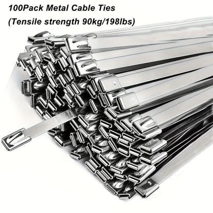 100pcs Heavy Duty 304 Stainless Steel Zip Ties – 198 lbs Capacity – Rustproof Self-Locking Cable Ties for Machinery, Vehicles, Exhaust Wrap, Farms, Pipes, Roofs and Outdoor Fences