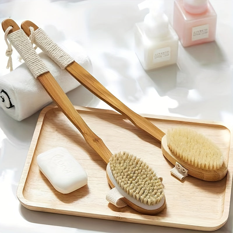 Back Boar Bristle Scrubber for Shower - Long Wooden Handle Bath Sponge Brush, Soft Natural Bristles for Back Cleaning