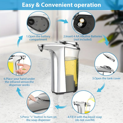 17oz/500ml Automatic Touchless Soap Dispenser - Infrared Sensor with 5 Adjustable Levels, Easy Refill, Silvery Bathroom Electronic for Efficient Hand Washing