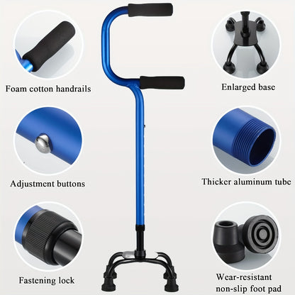 Four-Legged Crutches for the Elderly – Non-Slip Walking Stick, Quadrangular Design with Ascending and Retracting Features, Available in Blue/Red