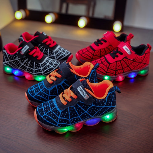 Casual Spider Net Woven Shoes with LED Lights for Boys – Breathable Non-Slip Sneakers for Walking, Running, and Training