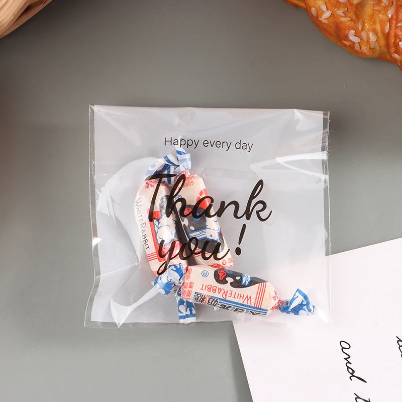 100Pcs Thank You Self-Adhesive Plastic Cookie Bags - Ideal for Wedding, Birthday, and Party Gift Packaging - Biscuit Baking & Candy Storage