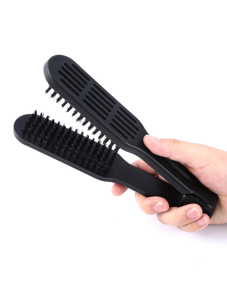 Pro Hairdressing Straightener Brush Set - Nylon V-Shape Double Brushes and Clamp Styling Tools for DIY Hair Styling