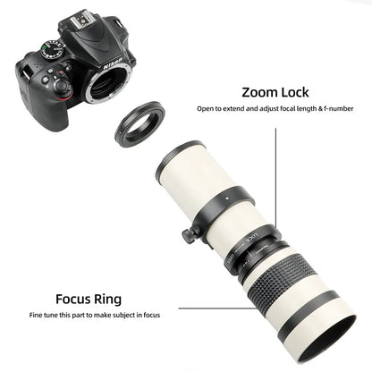 Lightdow 420-800mm F8.3-16 Super Telephoto Manual Zoom Lens with T2 Ring Adapter - Compatible with Sony, Canon, Nikon, Pentax, Olympus Cameras