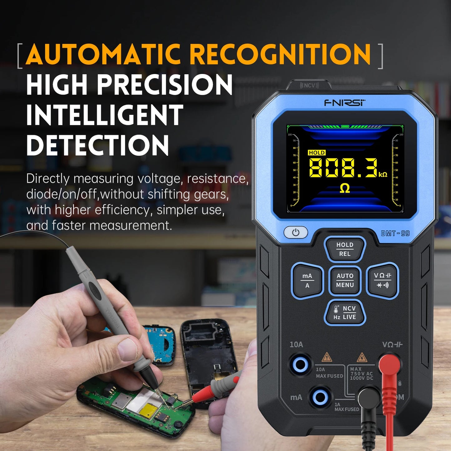 FNIRSI DMT-99 Digital Multimeter – 9999 Counts, Smart Professional Tester, 1000V, 10A, True RMS, Auto Range, AC/DC, Ohm, Hz, Capacitance