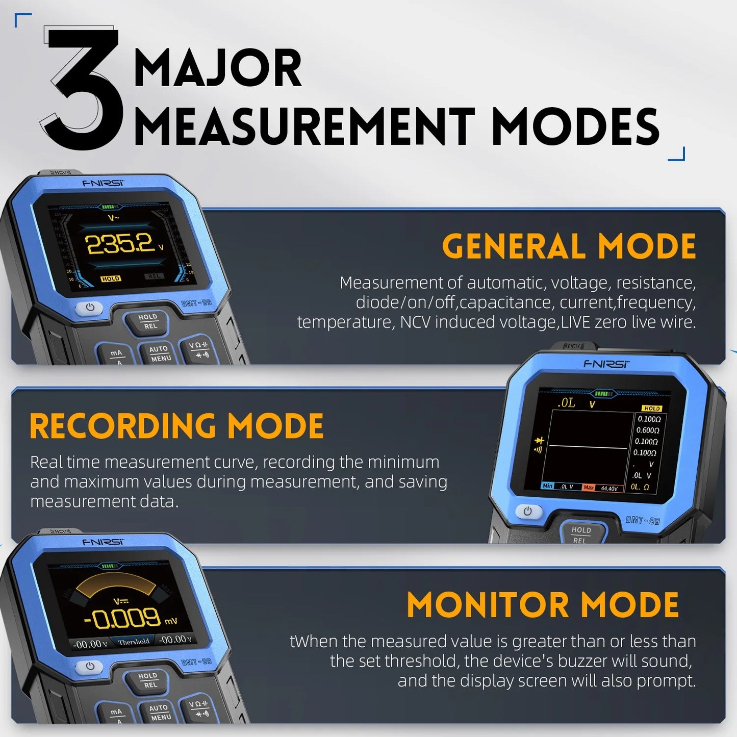 FNIRSI DMT-99 Digital Multimeter – 9999 Counts, Smart Professional Tester, 1000V, 10A, True RMS, Auto Range, AC/DC, Ohm, Hz, Capacitance